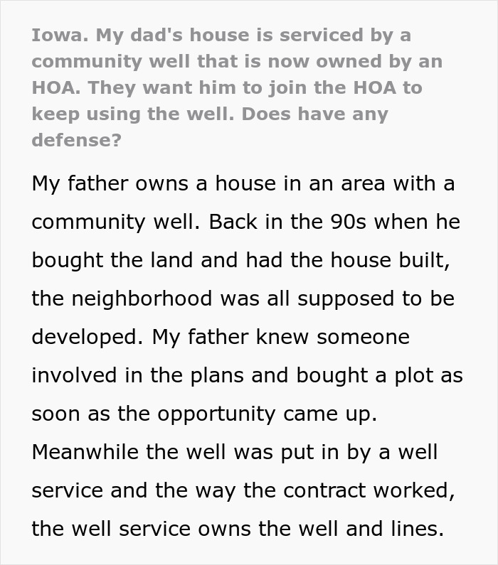 Text explaining community well ownership and HOA water access conflict Text explaining community well ownership and HOA water access conflict