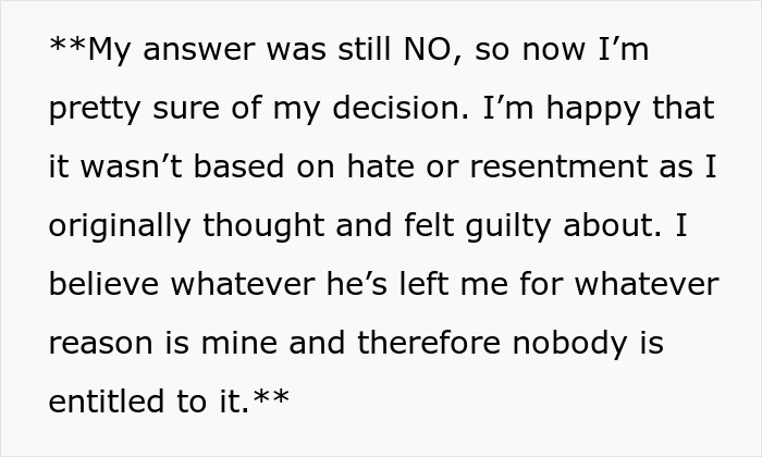Screenshot of text stating the decision not to share the inheritance, affirming it's not based on hatred or resentment.