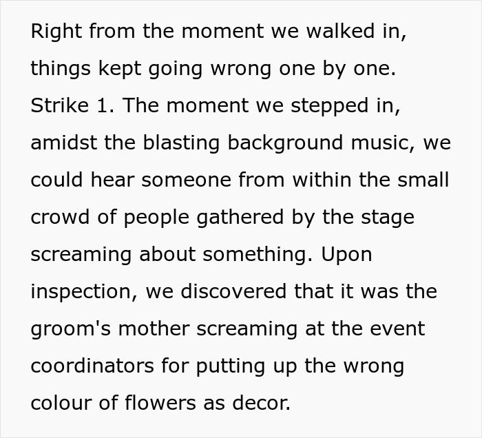 Text detailing disruptive events at a wedding with groom's mother upset