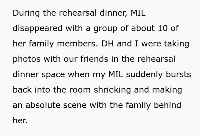 Screenshot of text describing the MIL bursting into the rehearsal dinner, creating a spectacle. Screenshot of text describing the MIL bursting into the rehearsal dinner, creating a spectacle.