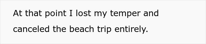 Text: At that point, I lost my temper and canceled the beach trip entirely, describing the son's vacation plans. Text: At that point, I lost my temper and canceled the beach trip entirely, describing the son's vacation plans.