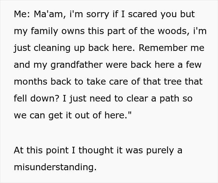 Text snippet showing the narrator explaining family land ownership to the entitled mom. Text snippet showing the narrator explaining family land ownership to the entitled mom.