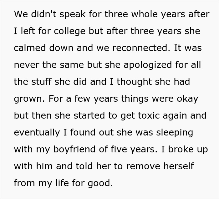 Text about reconciliation followed by betrayal involving sister and boyfriend