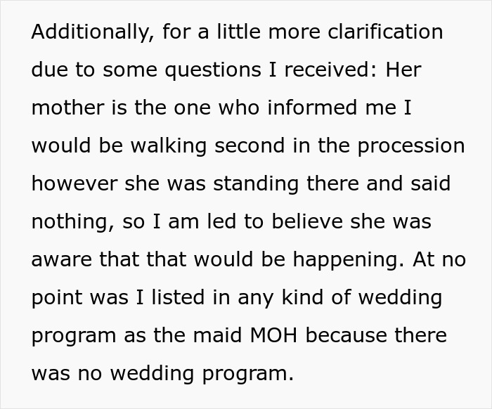 Text clarifying MOH procession details and absence from wedding program