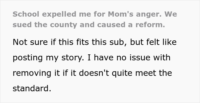 Screenshot of text: School expelled me for Mom's anger. We sued the county and caused a reform for the disabled teen.