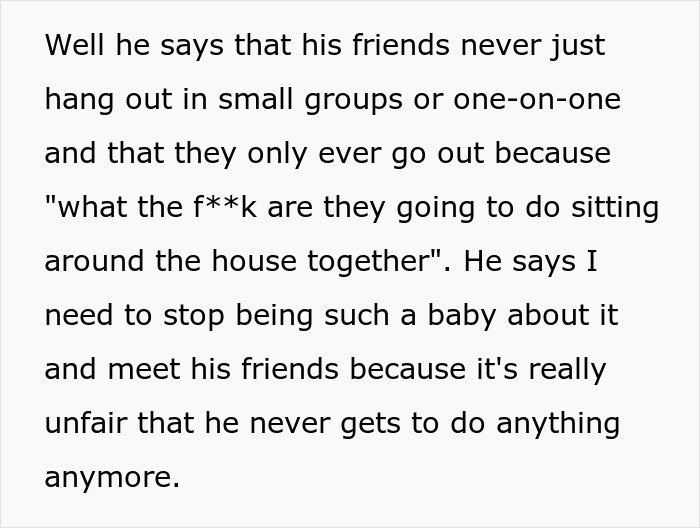 Boyfriend insists his friends only hang out in large groups, pressuring his introverted girlfriend to join the bar crawl. Boyfriend insists his friends only hang out in large groups, pressuring his introverted girlfriend to join the bar crawl.
