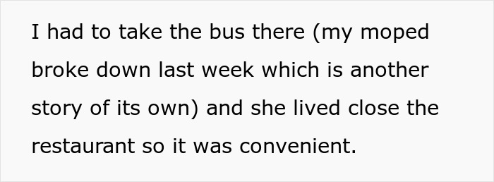 Screenshot of a Reddit post explaining that a moped broke down, and the restaurant was conveniently close.