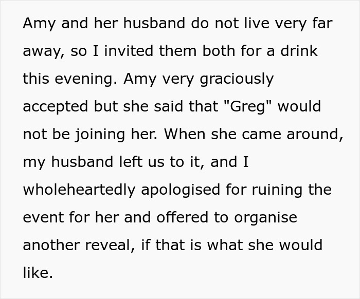 Text mentioning an apology and offer to organize another gender reveal Text mentioning an apology and offer to organize another gender reveal