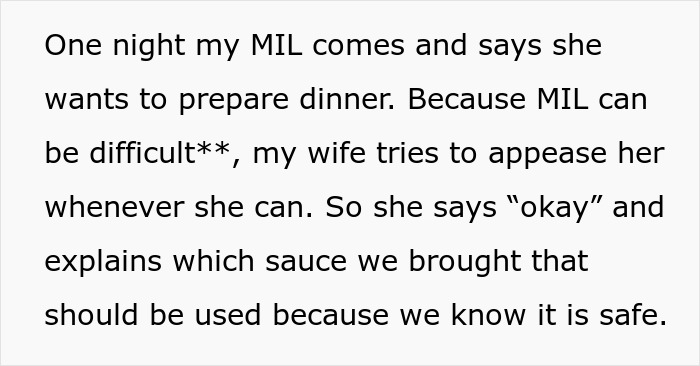 MIL wants to prepare dinner with safe sauce to avoid allergic ingredients