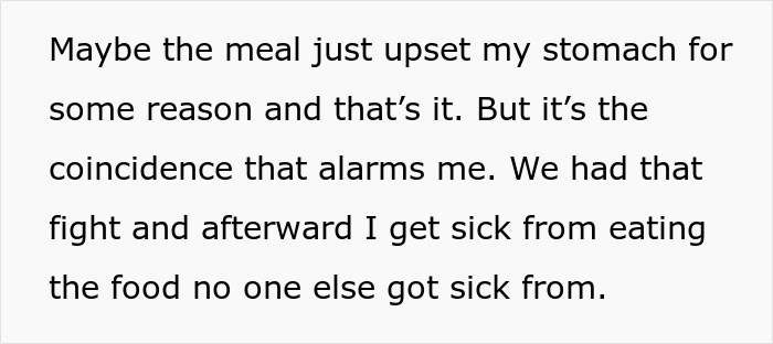 Text: Person gets violently sick after MIL's birthday dinner, noting the alarming coincidence.