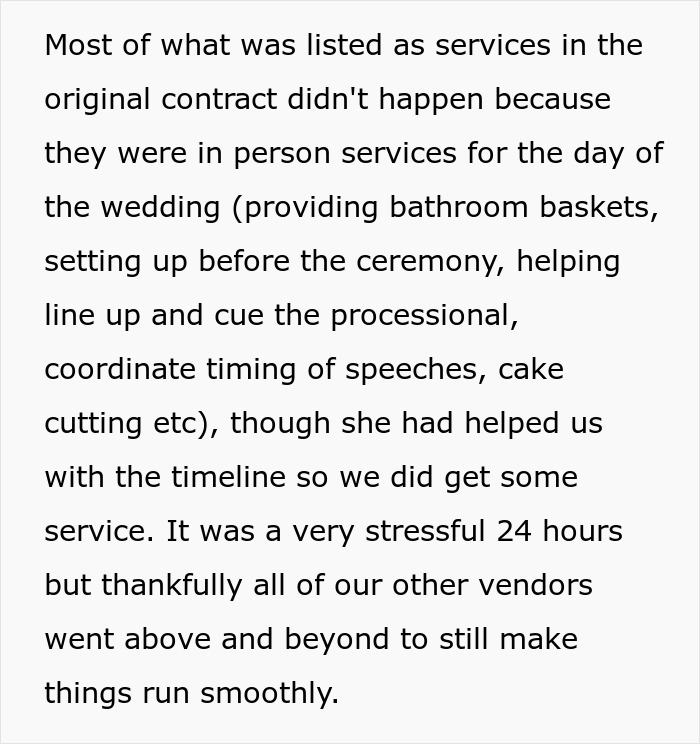 Text explaining missed wedding coordination services and vendor support