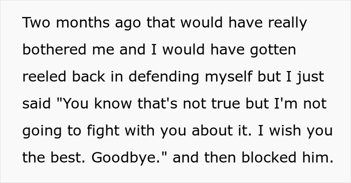 Screenshot of text explaining how the GF handled a toxic guy's accusations, choosing to block him.