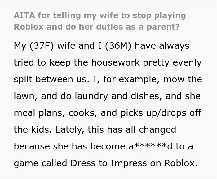 Screenshot of text about a husband calling his wife a jerk due to her gaming problem affecting their son.