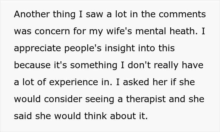 Text snippet discussing concern for the wife's mental health due to her gaming problem, suggesting therapy to her.
