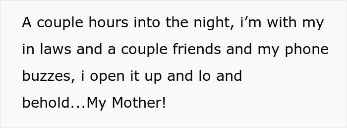 A phone screen showing a text message from the bride's mom, expressing upset about not being included in wedding photos.