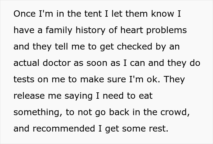 A man in a medical tent describing his family history of heart problems and getting checked after fainting at concert. A man in a medical tent describing his family history of heart problems and getting checked after fainting at concert.