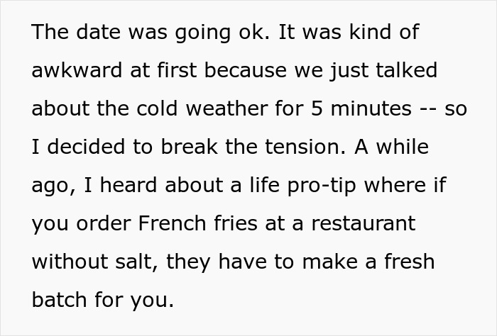 Screenshot of a Reddit post describing an awkward date at a restaurant, mentioning a life pro-tip about ordering salt-free French fries.