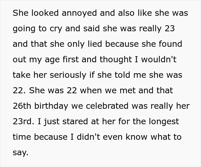 Text discussing a woman admitting she lied about her age in a fake 26th birthday