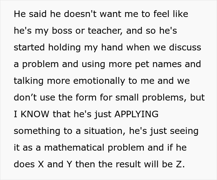 Text about partner’s emotional approach but still applying data collection obsession like a math problem Text about partner’s emotional approach but still applying data collection obsession like a math problem