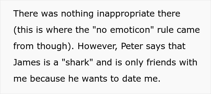 Text explaining a toxic guy's jealousy and ridiculous rules about his girlfriend's friends and emojis.