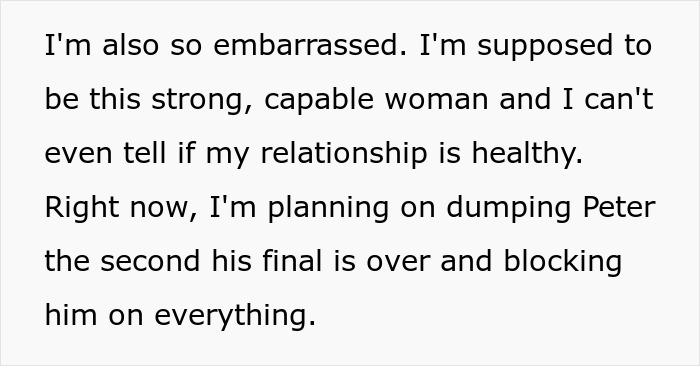 Screenshot of text about leaving a toxic guy due to his jealousy and ridiculous rules.