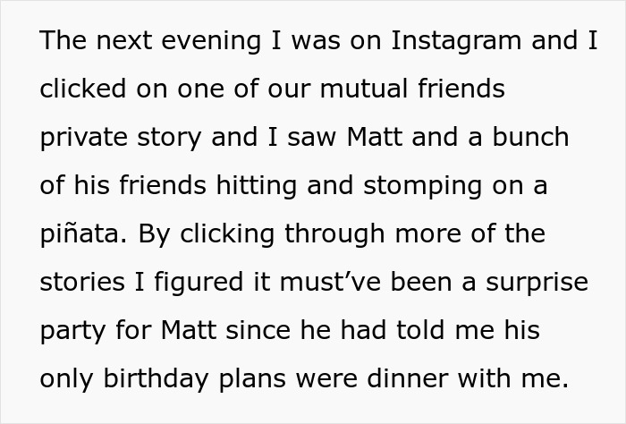 Narrative text about Instagram story revealing boyfriend piñata and relationship friends Narrative text about Instagram story revealing boyfriend piñata and relationship friends