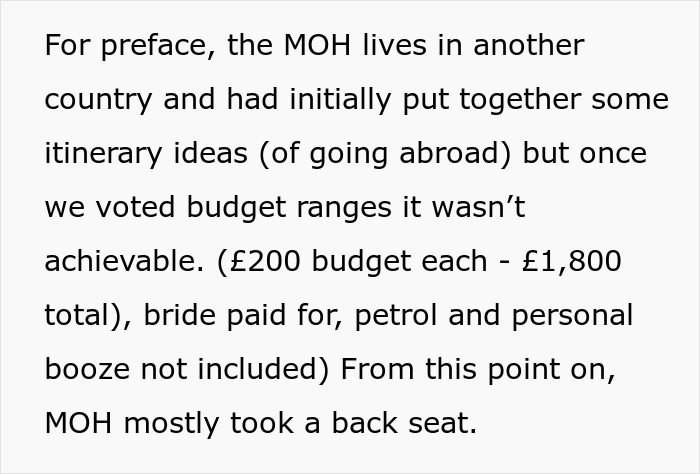 Screenshot of text about bachelorette party itinerary ideas and budget ranges, revealing family drama and screaming matches over costs. Screenshot of text about bachelorette party itinerary ideas and budget ranges, revealing family drama and screaming matches over costs.