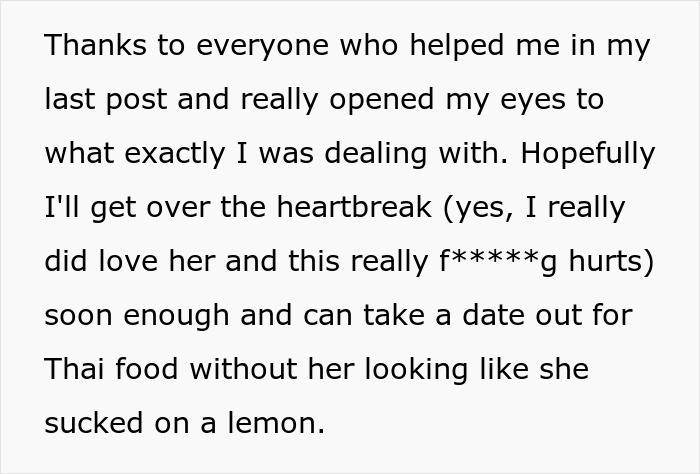 A screenshot of text discussing heartbreak from a picky eater girlfriend relationship. A screenshot of text discussing heartbreak from a picky eater girlfriend relationship.