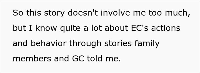 Screenshot of text: This story doesn't involve me much, but I know a lot about Entitled Cousin's actions from family members, detailing how a wedding ruined a vacation.