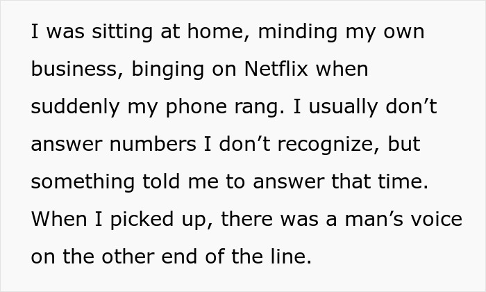 Screenshot of text describing a phone call where an ex tried to embarrass a woman after a breakup.