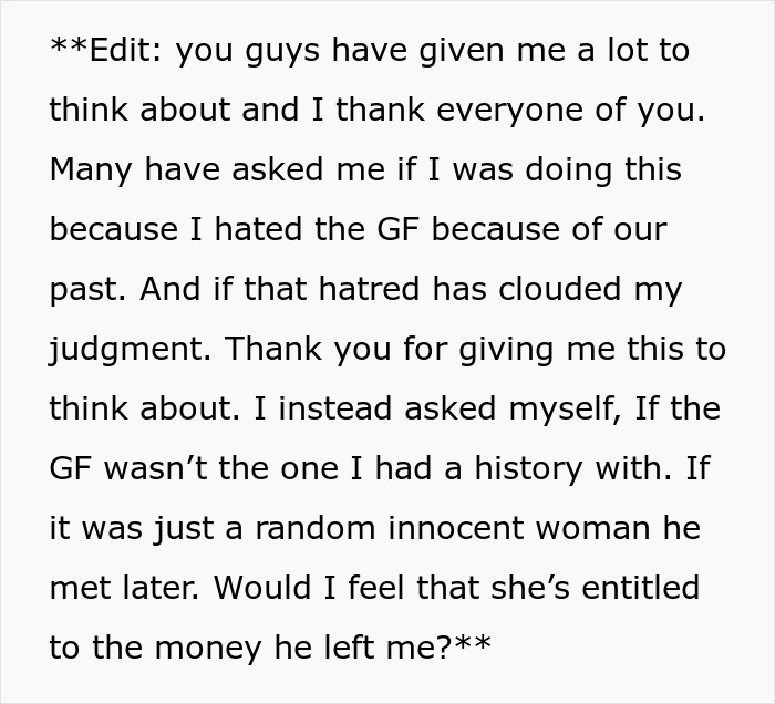 Screenshot of text questioning if an ex-girlfriend owes inheritance money to his current girlfriend, seeking clarity.