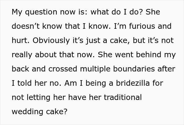 Text expressing bride's hurt over mom ordering a cake behind her back Text expressing bride's hurt over mom ordering a cake behind her back