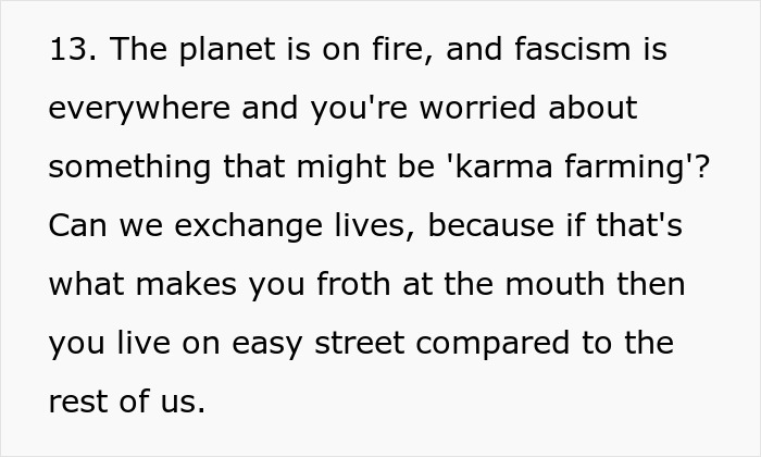 A quote about global issues versus karma farming, hinting at the stress of a husband's double life.