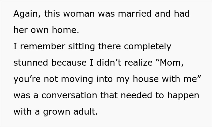 A screenshot of text about a husband's mom having a breakdown over not moving in with a couple starting life together.