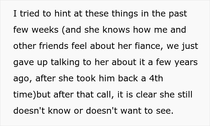 Text discussing friends' feelings toward bride's fiancé and wedding situation Text discussing friends' feelings toward bride's fiancé and wedding situation