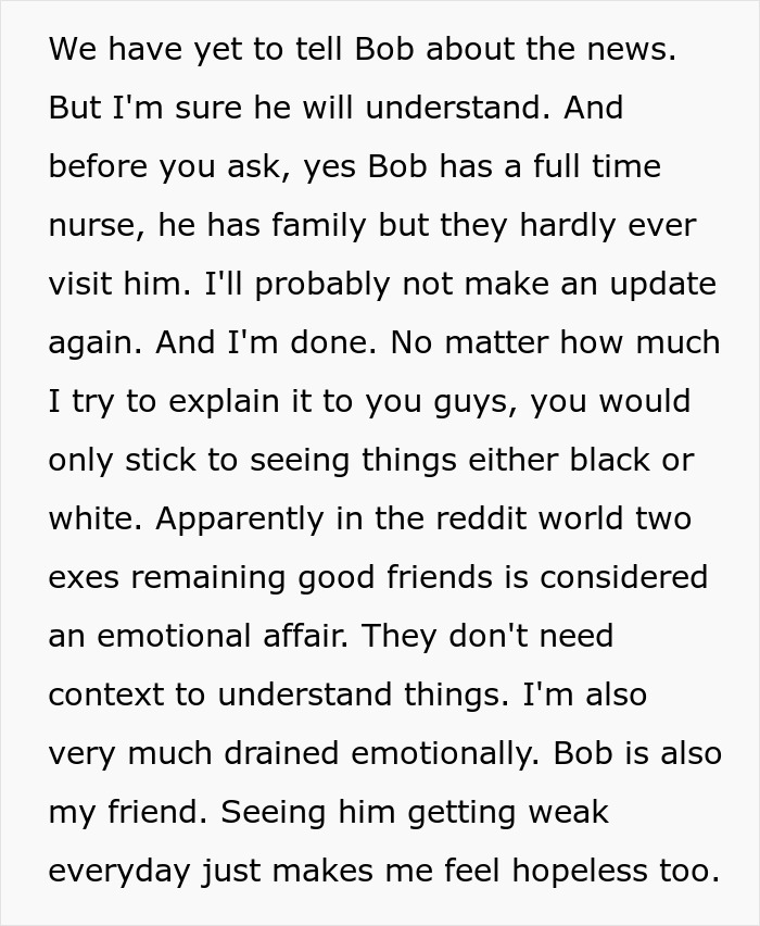 Discussion about an ex-wife's continued support for her husband after his accident and their marriage ending.