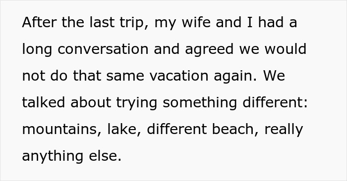 Husband and wife discussing annual family trip plans, agreeing to avoid another dreaded in-laws vacation.