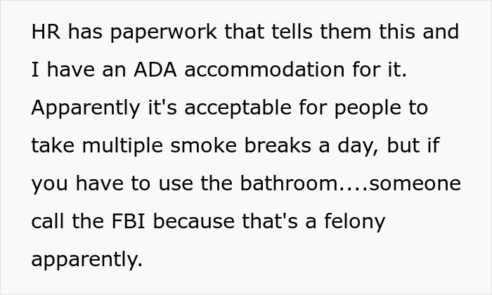 Screenshot of text: Coworker mentions ADA accommodation for their medical condition and HR awareness.