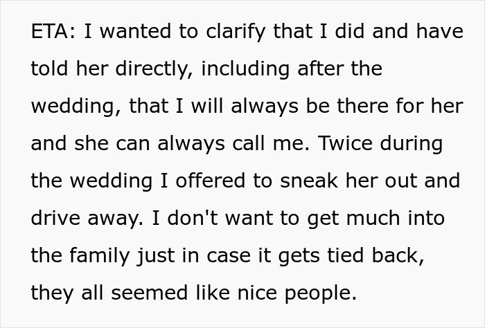A Reddit comment clarifying support for the bride, offering to sneak her out of a wedding where the groom caused tears.