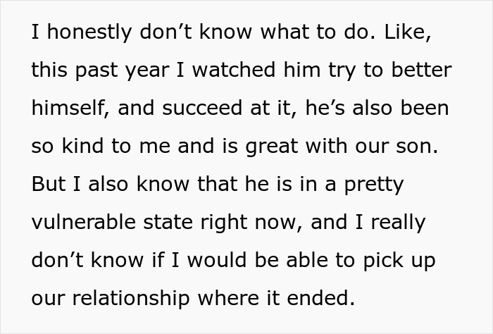 Screenshot of text about husband trying to better himself and pregnant woman feeling vulnerable about divorce. Screenshot of text about husband trying to better himself and pregnant woman feeling vulnerable about divorce.