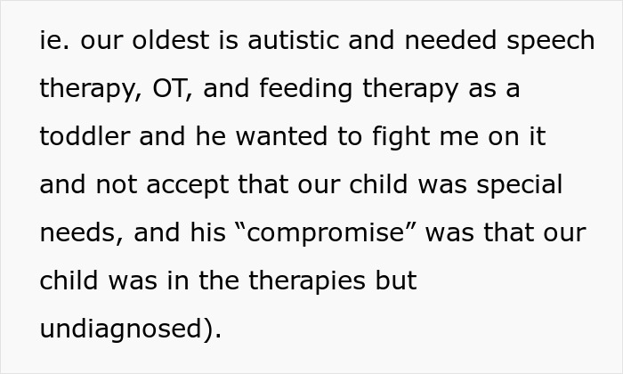 Wife explains child's special needs therapies and husband's denial in relationship
