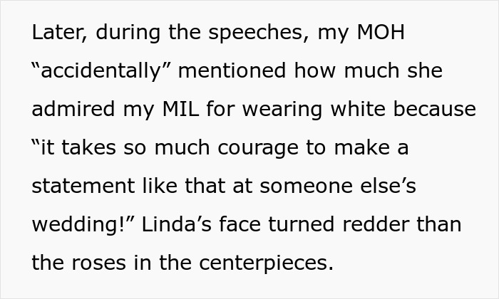 Screenshot of text about the MIL's reaction to being complemented for wearing white at the wedding.