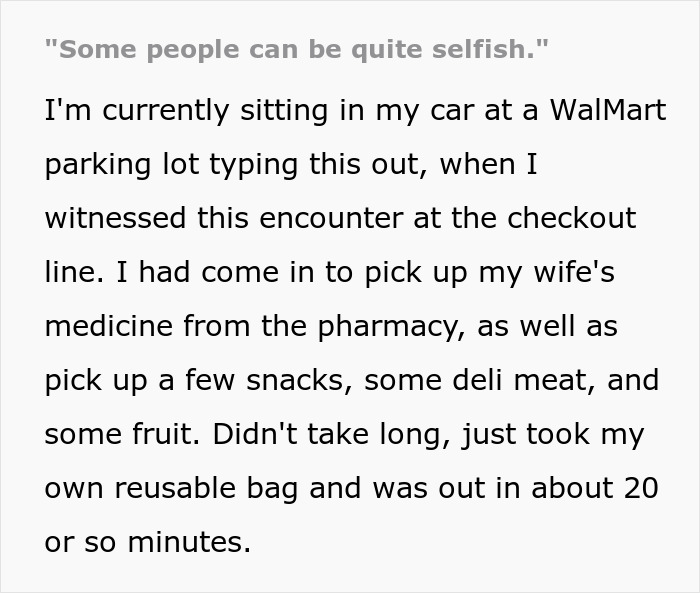 Screenshot of text detailing a Walmart shopper's experience at the checkout line. Walmart shoppers. Screenshot of text detailing a Walmart shopper's experience at the checkout line. Walmart shoppers.