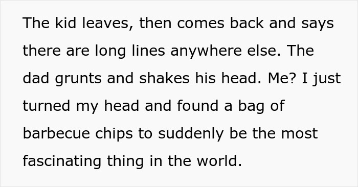 Text about a customer trying to guilt Walmart shoppers, and a person finding a bag of chips while waiting. Text about a customer trying to guilt Walmart shoppers, and a person finding a bag of chips while waiting.