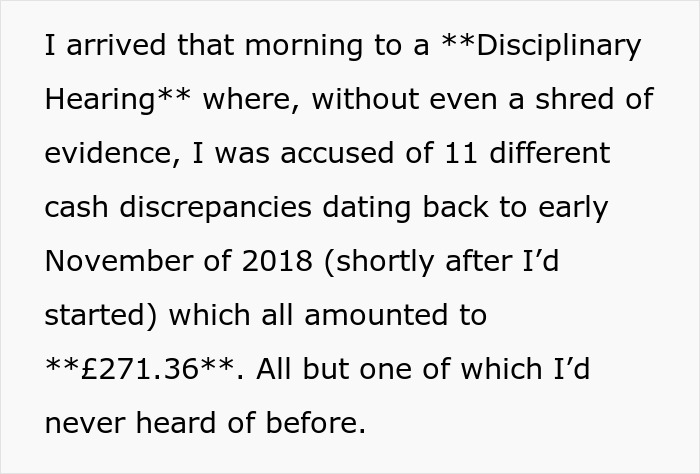 Text detailing a disciplinary hearing where an employee was unjustly fired for alleged stealing, leading to revenge.