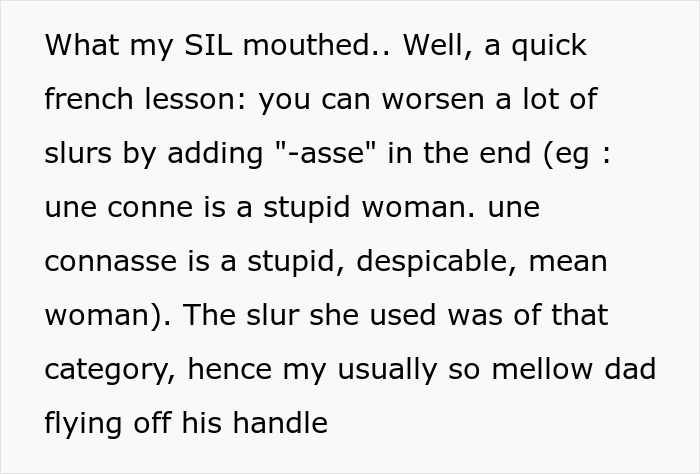 Text about a French slur used by SIL causing family tension
