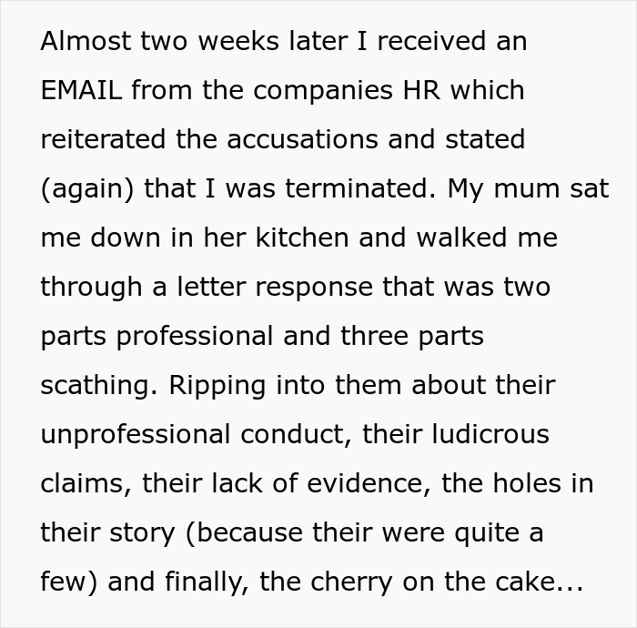 Email from HR terminating a man who was unjustly fired, leading to a scathing letter response.