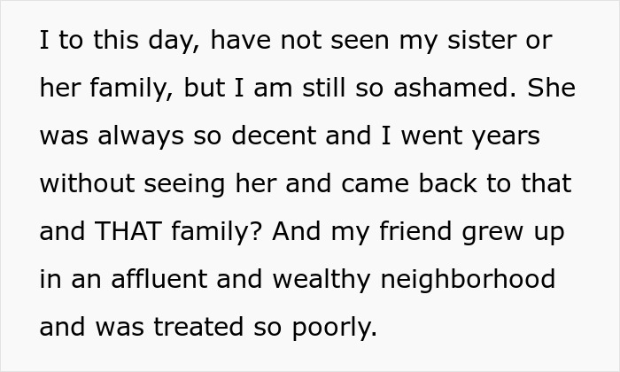 Text describing the woman's shame and her sister defending a racist family she married into. Text describing the woman's shame and her sister defending a racist family she married into.