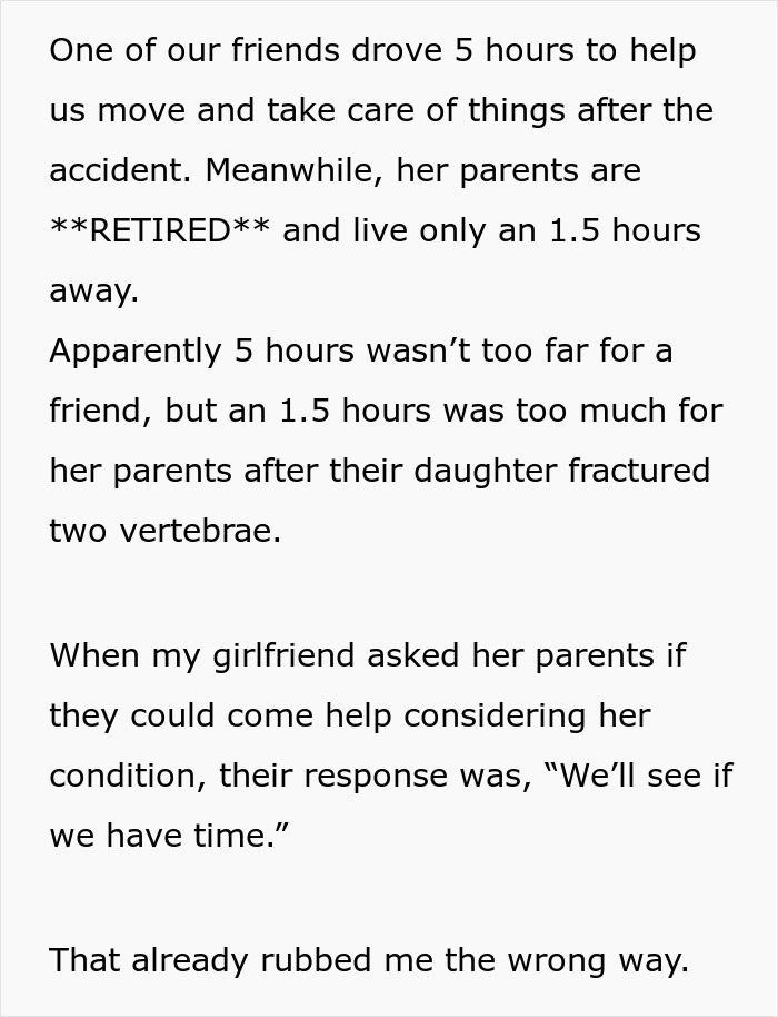 Text describing friend driving 5 hours to help while parents live closer but avoid helping