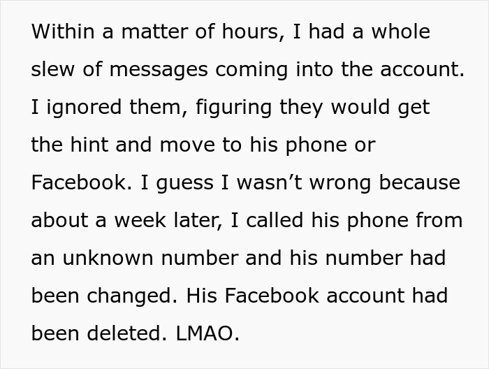 Screenshot of text describing how the ex's phone number and Facebook account were changed/deleted after the Tinder prank.